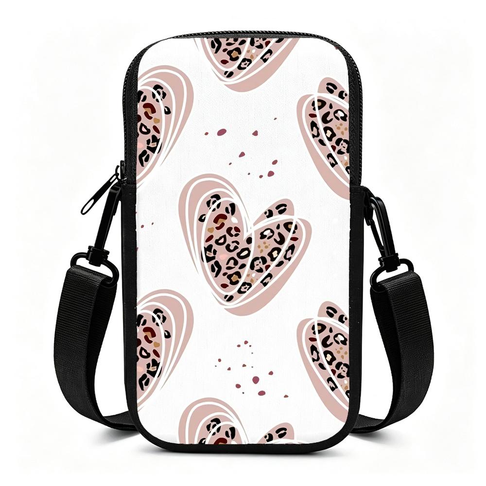 Boho Leopard Print Heart Pattern Crossbody Phone Bag, Stylish Aesthetic Love Graphic Small Shoulder Purse, Trendy Christmas Gift Accessories For Women