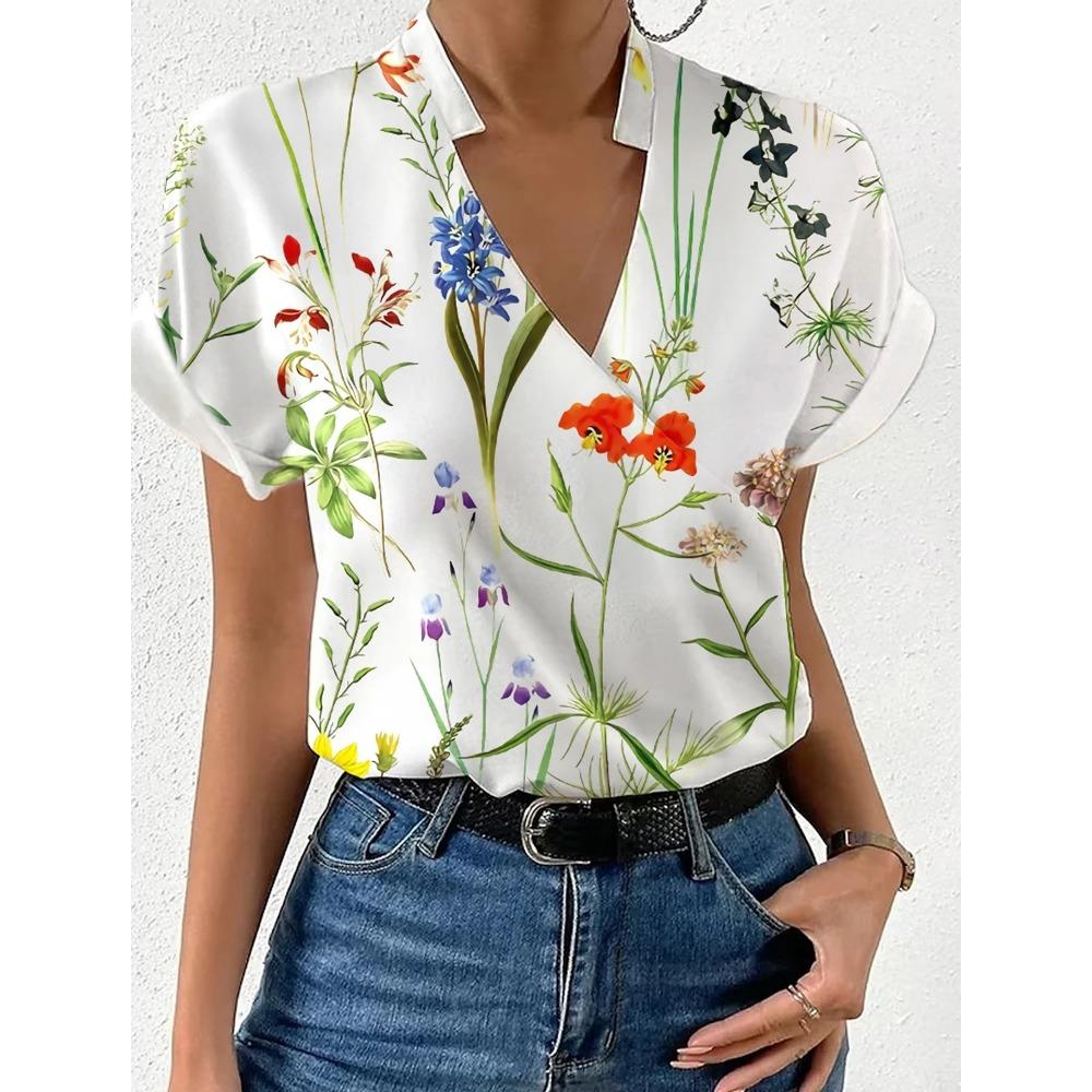 HNXC Женские модные повседневные летние блузки и рубашки с v-образным вырезом и коротким рукавом с цветочным принтом