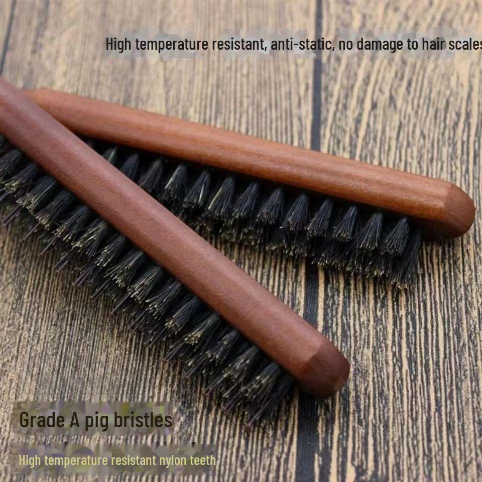 Wooden Long-Handled Pig Bristle Comb for Styling and Curling Hair