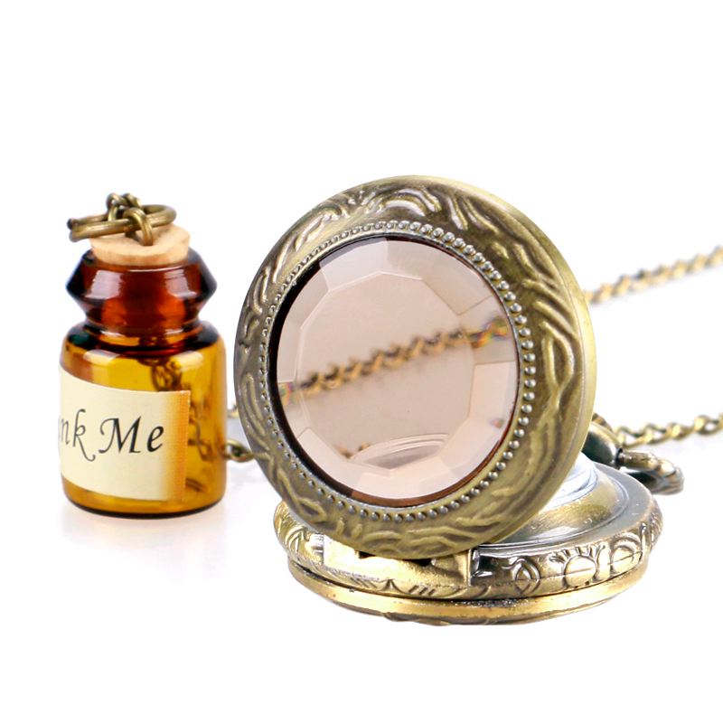 Retro Vintage Bronze Pendant Pocket Watch Little Cute Drink Me Tag Necklace Chain Top Fashion Gifts for Girls Women