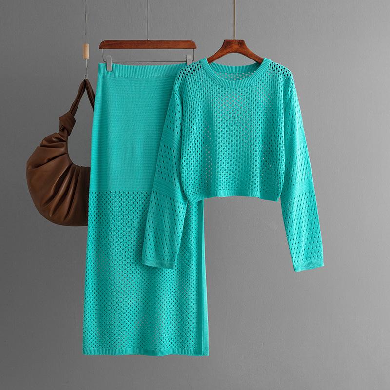 2026 Summer Casual Temperament Commuter Women Wear Y2k Harajuku Fashion New Hollow Knit Long Skirt Trend Simple Two-Piece Skirt