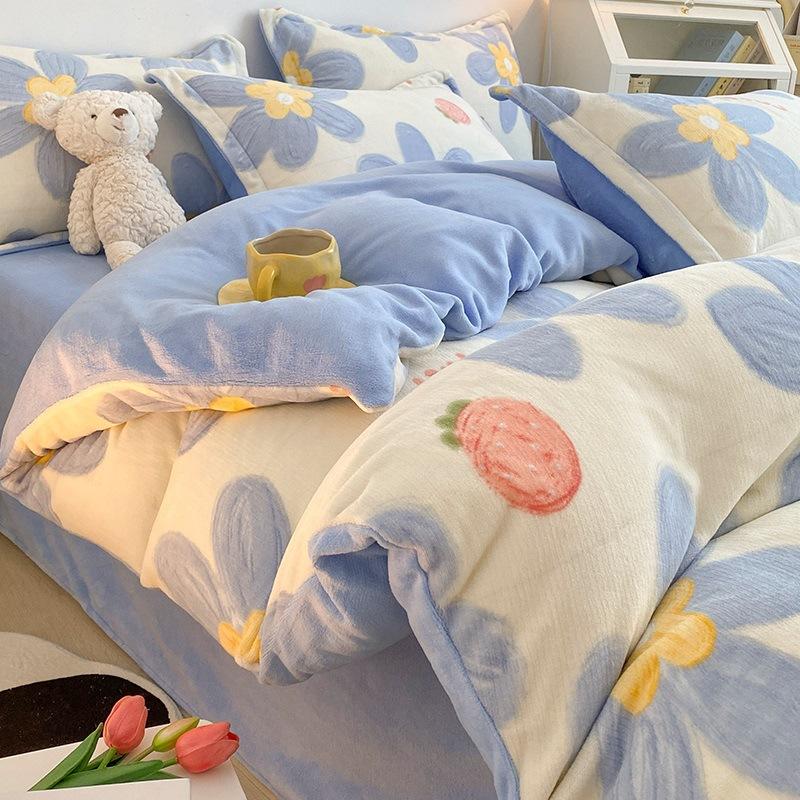 Зимний утолщенный молочный бархатный комплект из четырех предметов плюс бархатное теплое коралловое бархатное пододеяльник, фланелевая простыня, пододеяльник, постельное белье