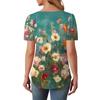 Women's Fashionable Casual Short Sleeve Button Floral Print Round Neck Pullover Top