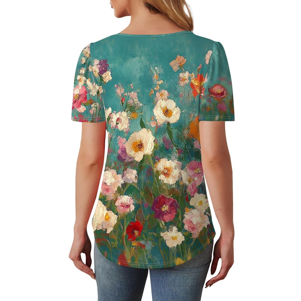 Women's Fashionable Casual Short Sleeve Button Floral Print Round Neck Pullover Top