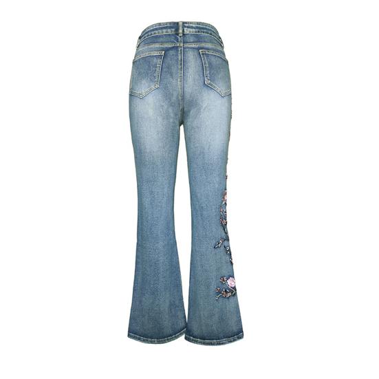 Yousheng Women's Flared Jeans Floral Embroidered High Waisted Bell Bottom Jeans Micro Elastic Slim Denim Pants with Pockets