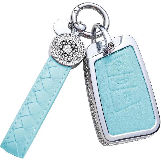 for Volvo Key Fob Cover with Keychain, Blue Leather Rhinestone Key Case Protection Shell Compatible with XC90, XC60, XC40, S60, S90, V60, V90,