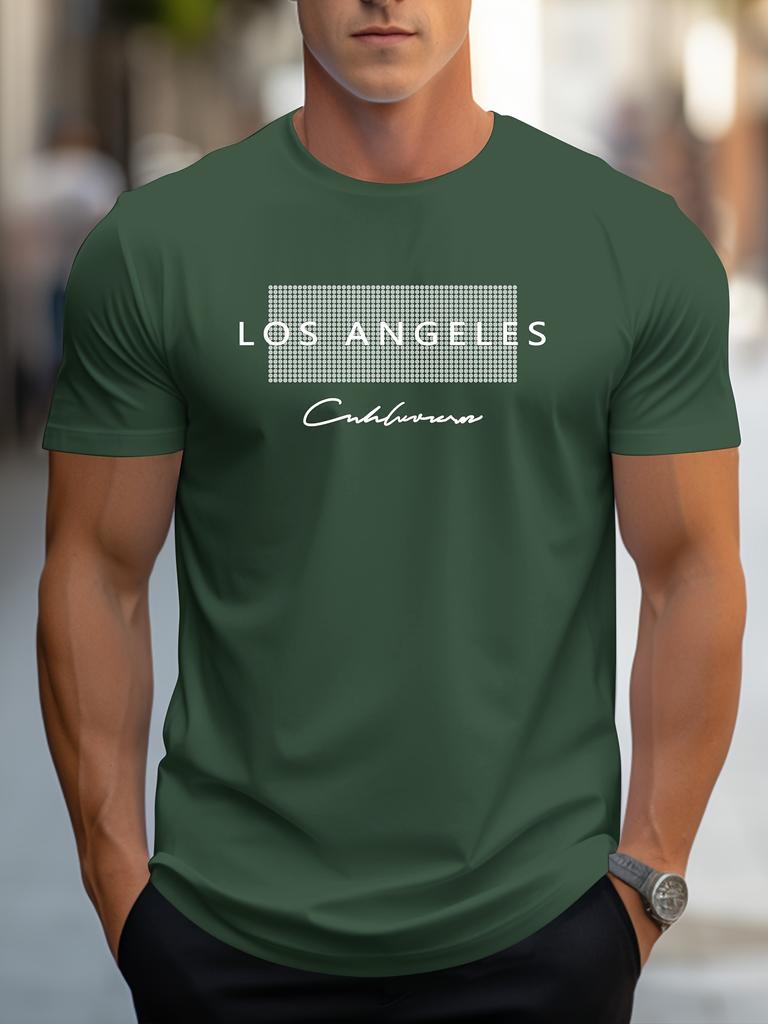 Mens 100 cotton summer loose fit large Los Angeles Graphic printed slim fit casual sports round neck short sleeved Tshirt top