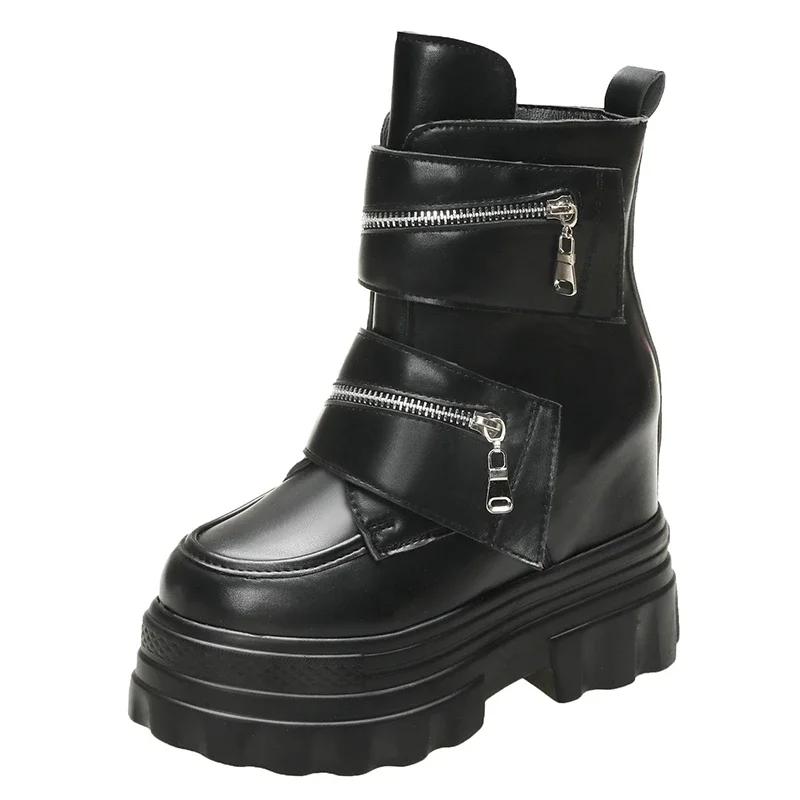 Модные женские кожаные ботильоны Осень Зима Каблуки 11 см Кроссовки Круглый носок Короткие ботинки Женские Молния Мотоциклетные Платформа Ботас 2024