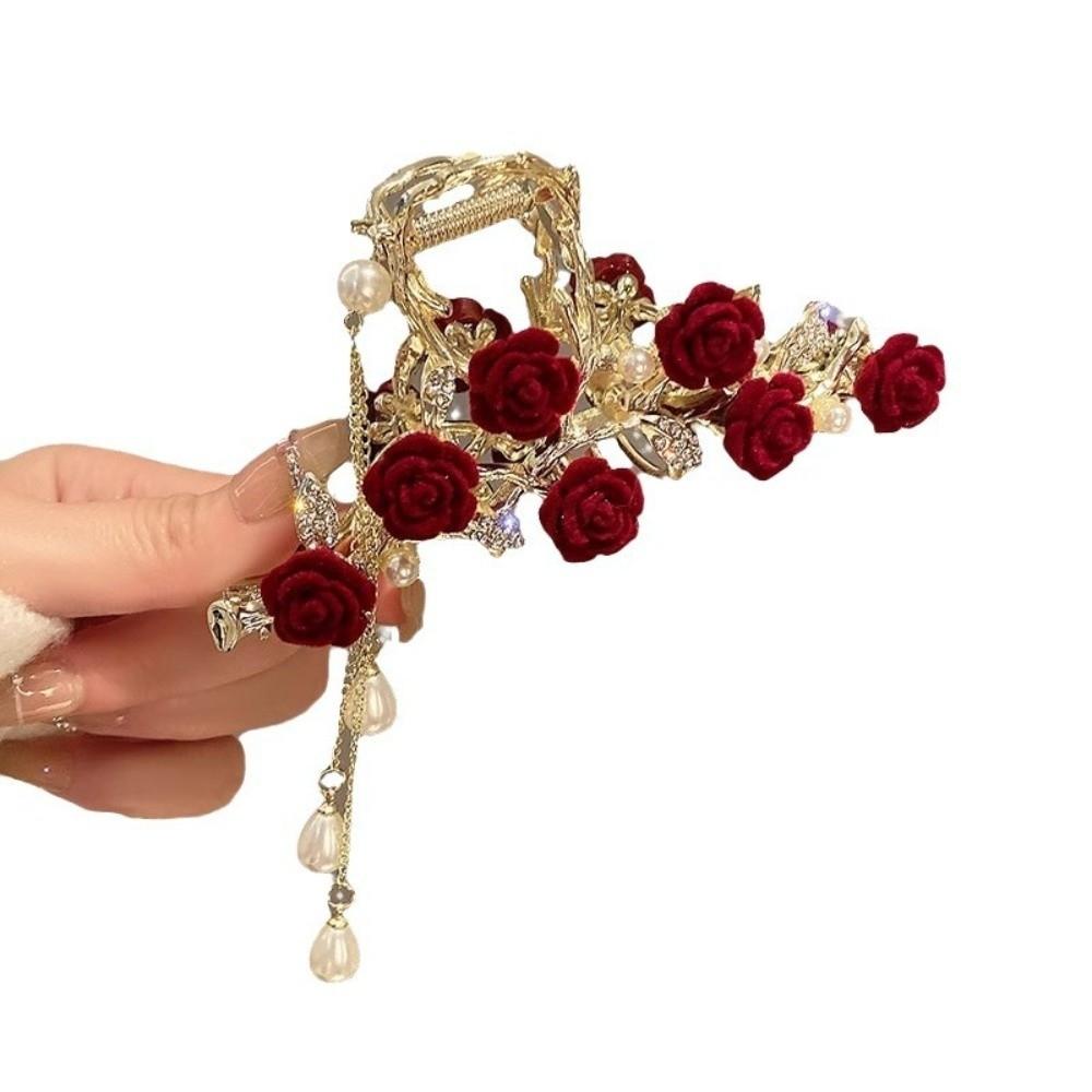 Pearl Tassel Rhinestone Hairpins Red Metal Hairgrip Elegant Rose Hair Claw Clips Hair Accessories