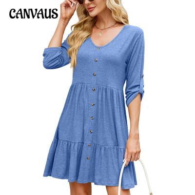 Новые женские весенне-летние однотонные платья с круглым вырезом, застегивающиеся на пуговицы, со складками и рукавами средней длины