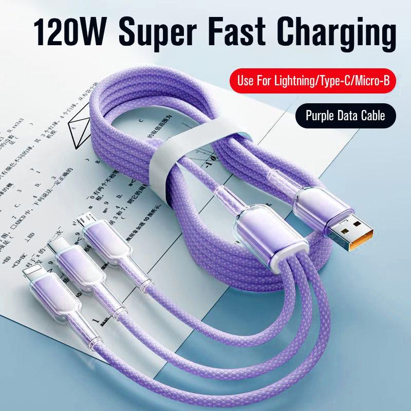 Ice Crystal 120W Tri-Head Fast Charging Cable for Apple, Android, Huawei