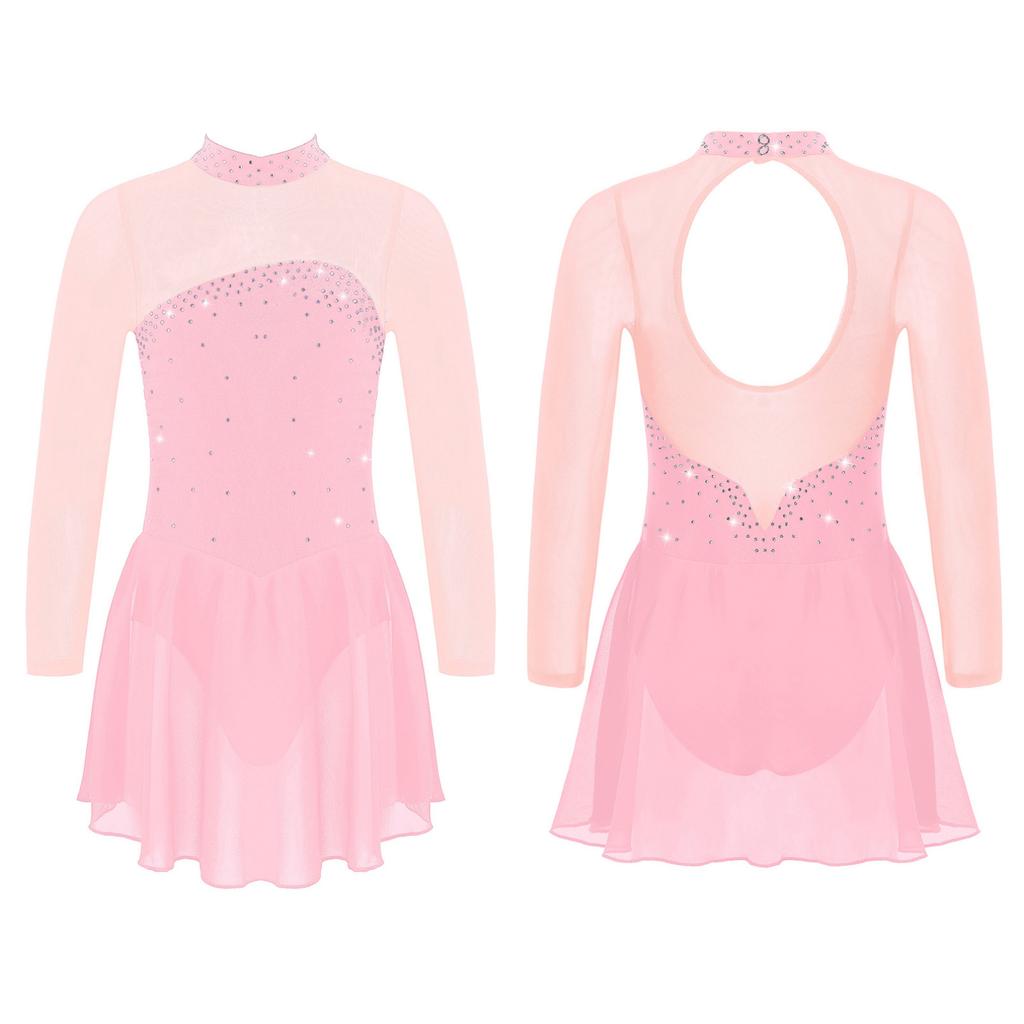 Children Girls Shiny Rhinestones Mesh Keyhole Back Figure Ice Skating Dress Long Sleeves Roller Skating Ballet Dance Leotard Dress