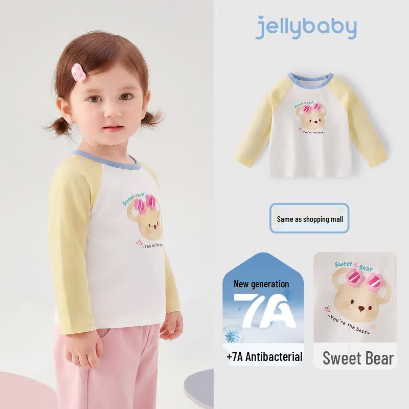 JELLYBABY Girls' Cute Bear Colorblock Long-Sleeve Tee