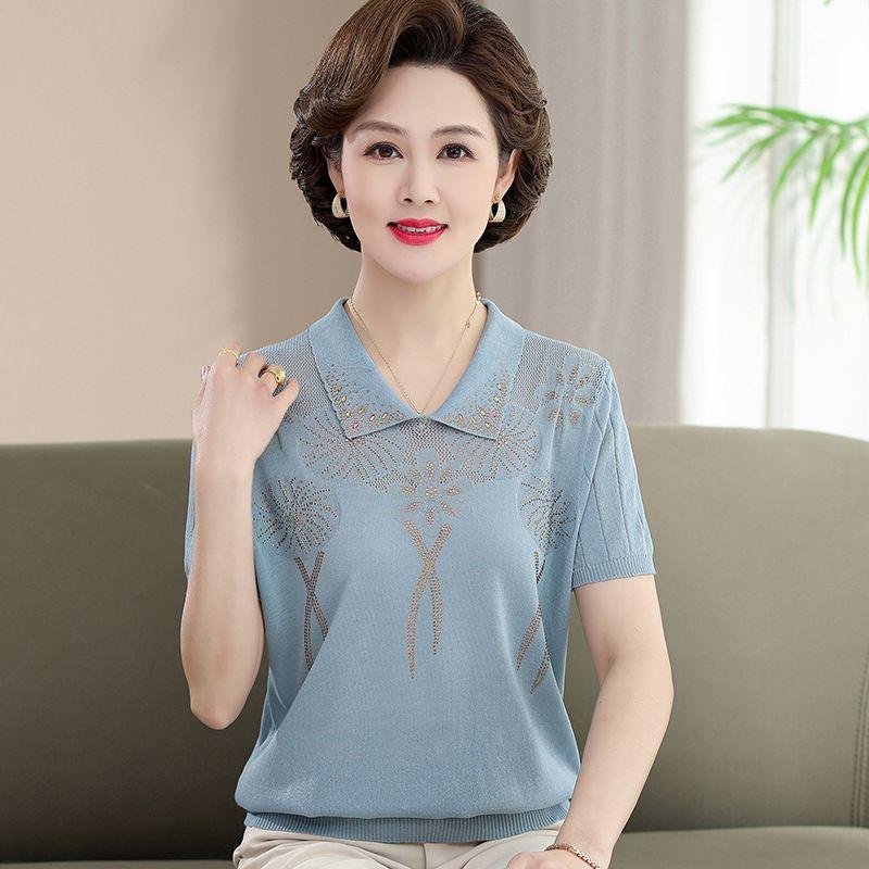 Mom's Summer Short Sleeved Stylish Ice Silk T-shirt Middle-aged and Elderly Lapel Top Slimming Knit T-shirt