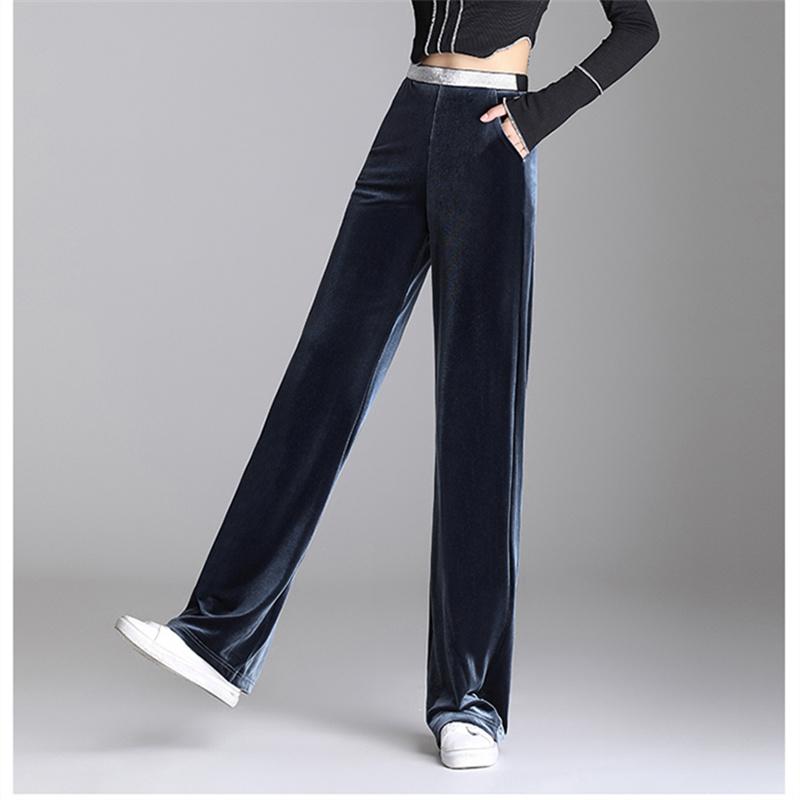 2022 Winter Female Elastic Fashion Harajuku High-waist Straight Bottoms Pantalones Women Solid Velvet Long Pant Wide Leg Trouser