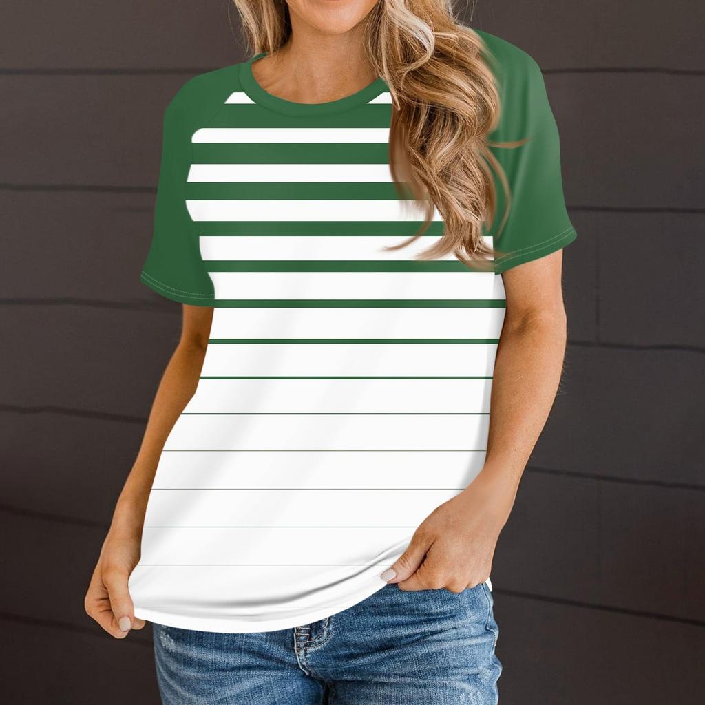 Женская летняя повседневная полосатая градиентная футболка с круглым вырезом и рукавом реглан с коротким рукавом