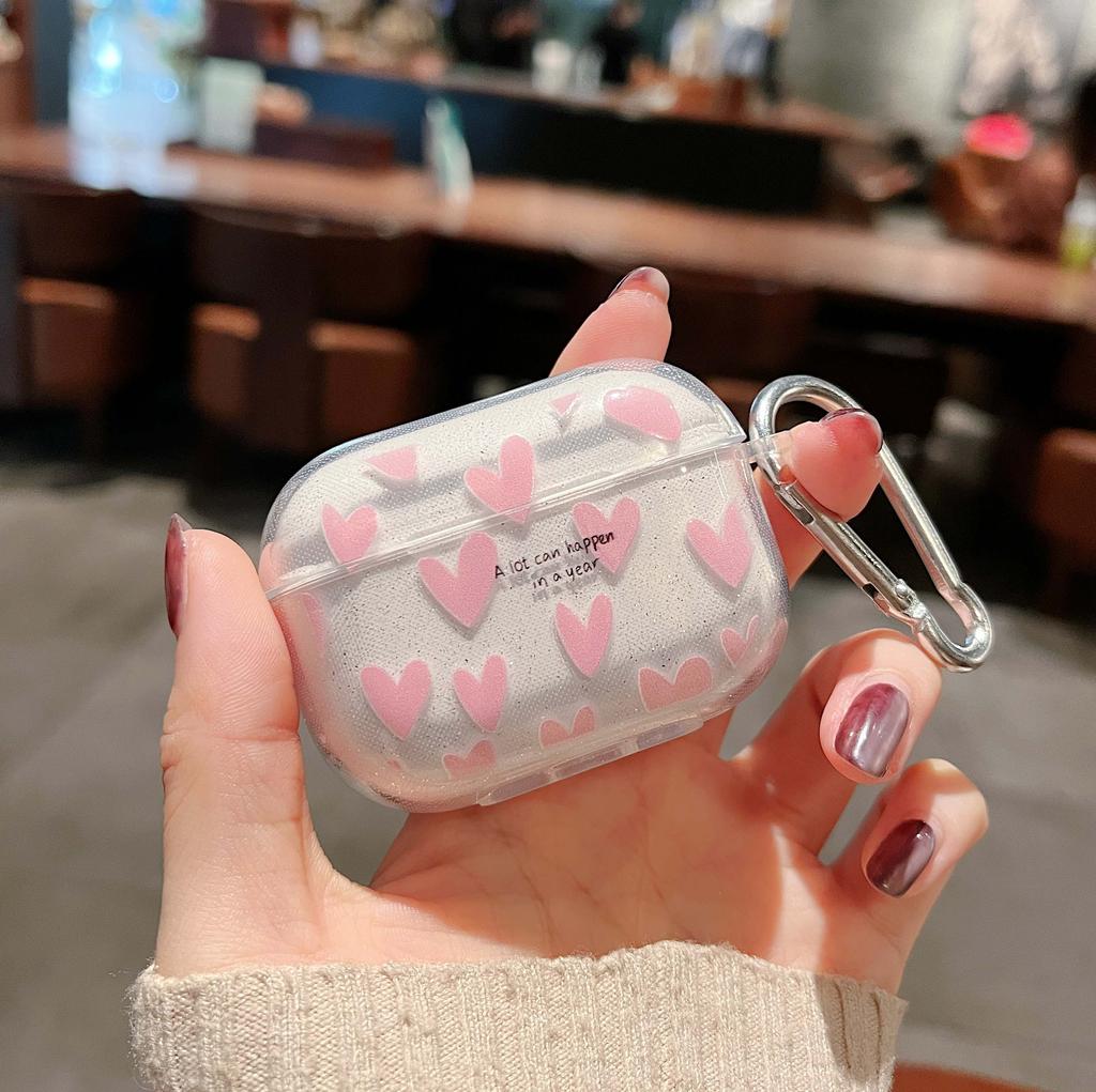 Розовый чехол-сердечко для AirPods Pro 1-го 2-го поколения, блестящий, с блестками, мягкий ТПУ чехол для Airpods 3 2 1, сумка для зарядного бокса для наушников с крючком