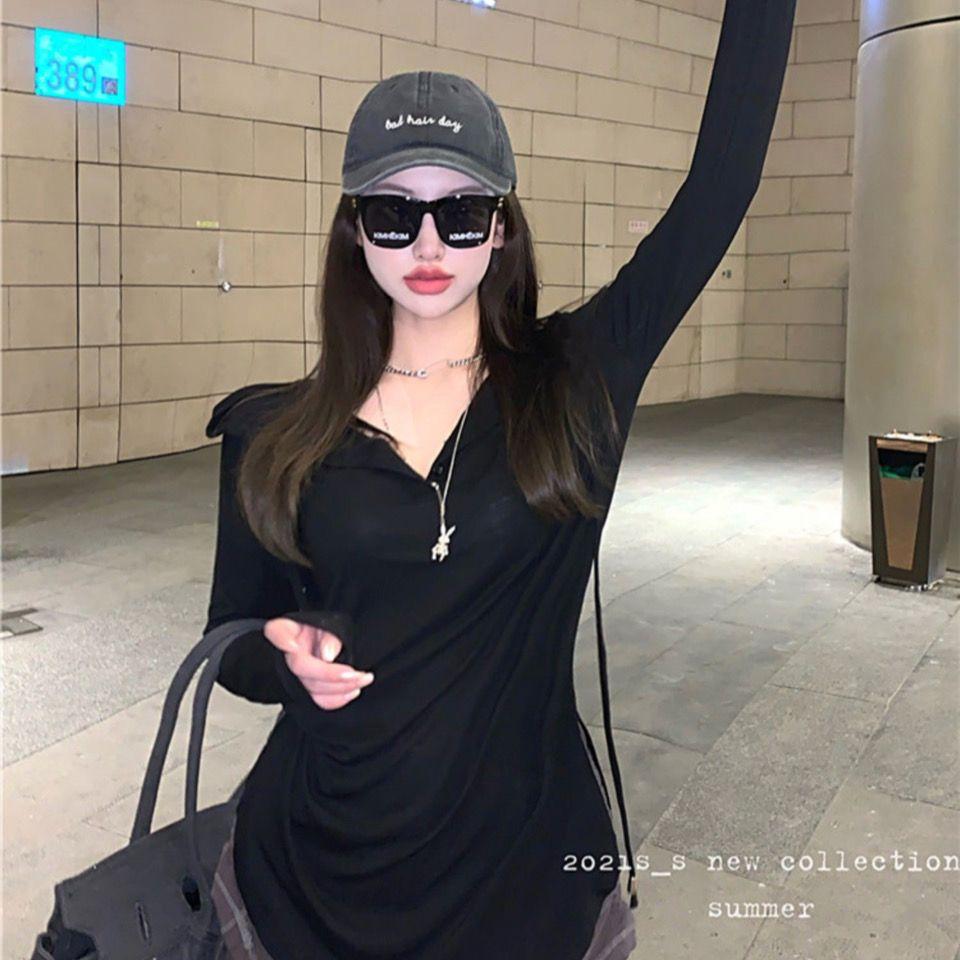 Ins Тонкая свободная футболка с длинными рукавами и капюшоном, дизайн интернет-знаменитостей, высокая талия, пуговицы на шнуровке