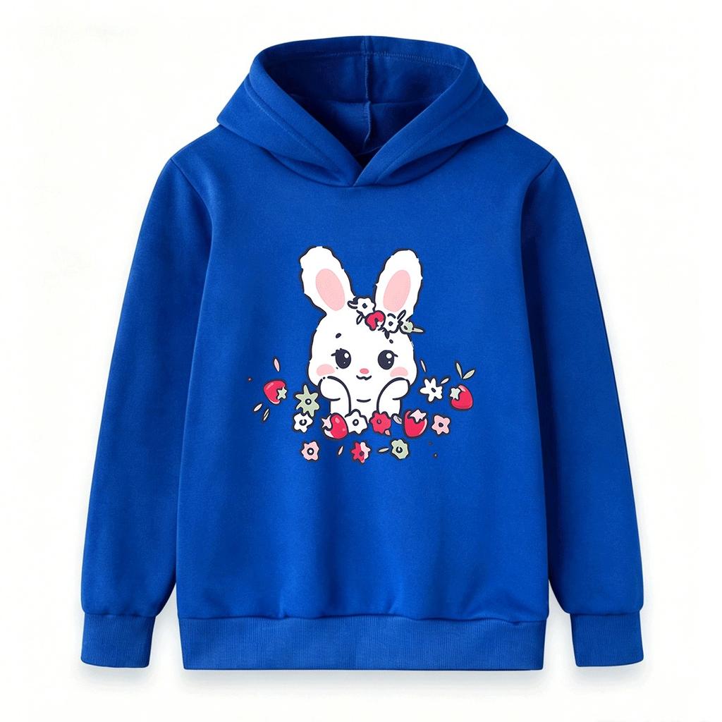 Kids Boys Girls Cute White Bunny Flower Strawberry Print Pullover Hoodie Soft Casual Sweatshirt For Toddlers Children Spring Autumn Warm Daily Tops