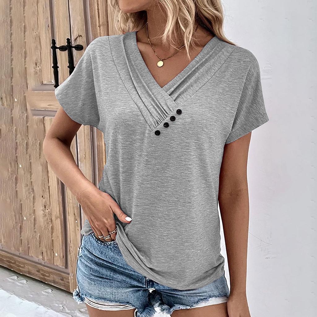 Summer Tops For Women Solid Color For Women V-Neck Short Sleeve Comfy Womens Tops Oversized Tshirts