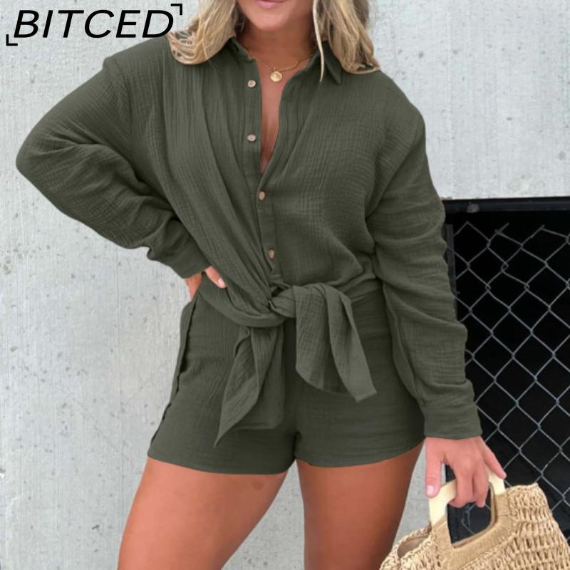 BITCED Женская рубашка из мятой ткани с длинным рукавом и шортами с высокой талией, модный повседневный комплект из двух предметов