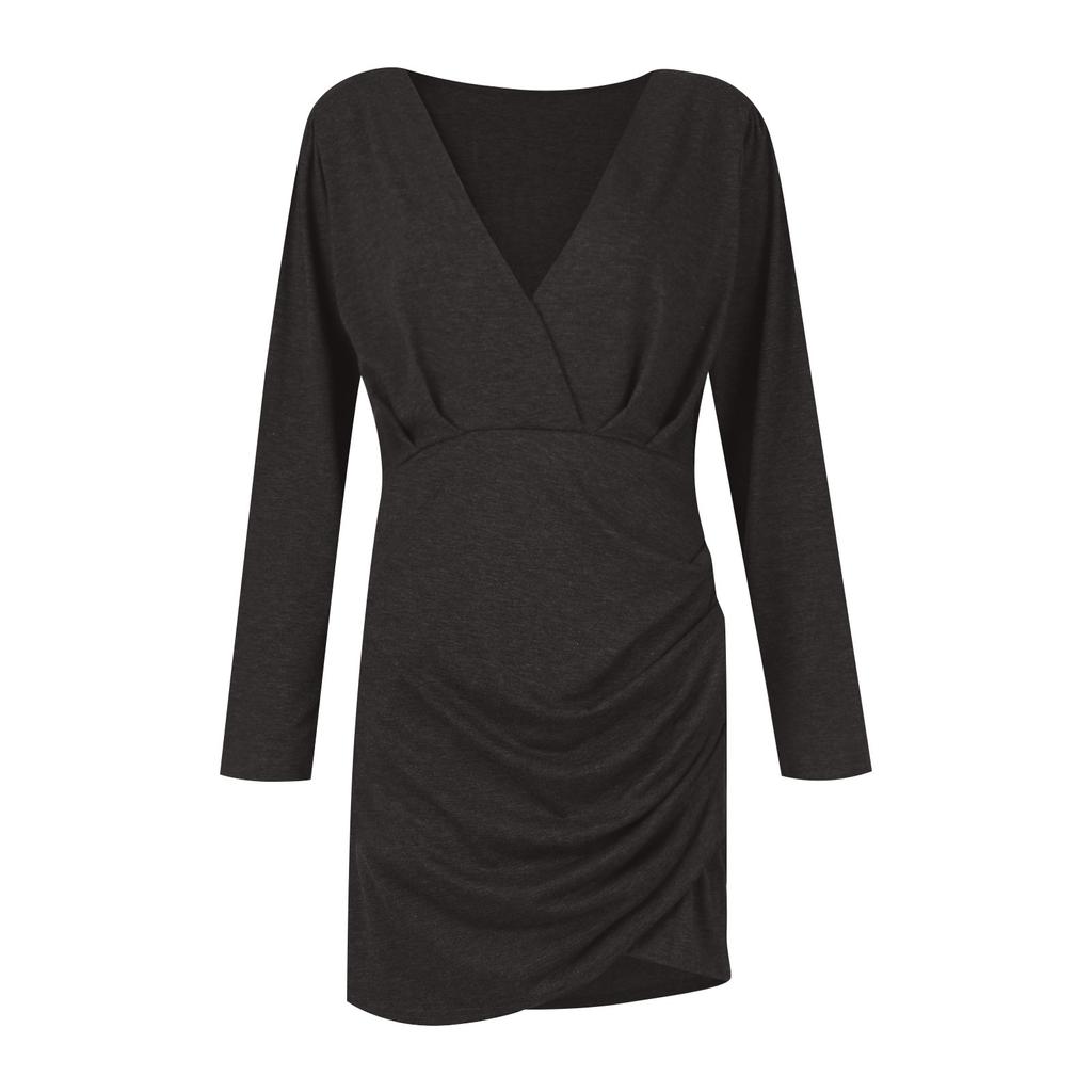 Women's Autumn And Winter Fashionable Casual Solid Color V-neck Waist Long Sleeve Dress