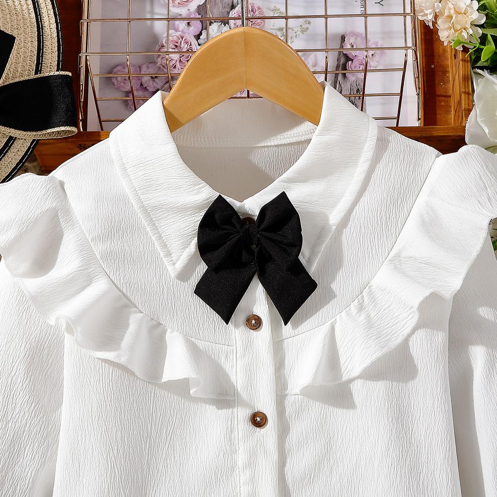Белая блузка для больших девочек, топы с рюшами на рукавах, черные рубашки с бантом, одежда для девочек-подростков, школьная форма, осенние белые топы