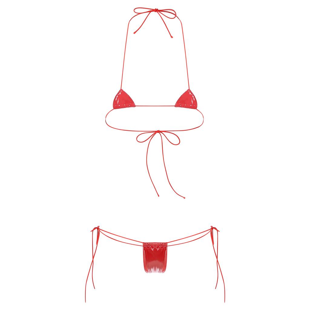 Womens Wet Look Halter Bikini Set High Shine Micro G-string with Adjustable Lace-Up Bra