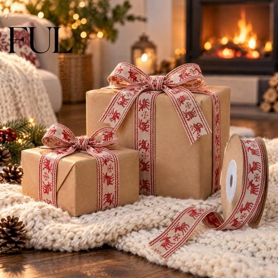 Cotton Linen Ribbon for Gift Boxes Christmas Packaging Ribbon, And Faux Decorative Fabric Roll Holiday Natural Texture Crafts Wrapping, Floral