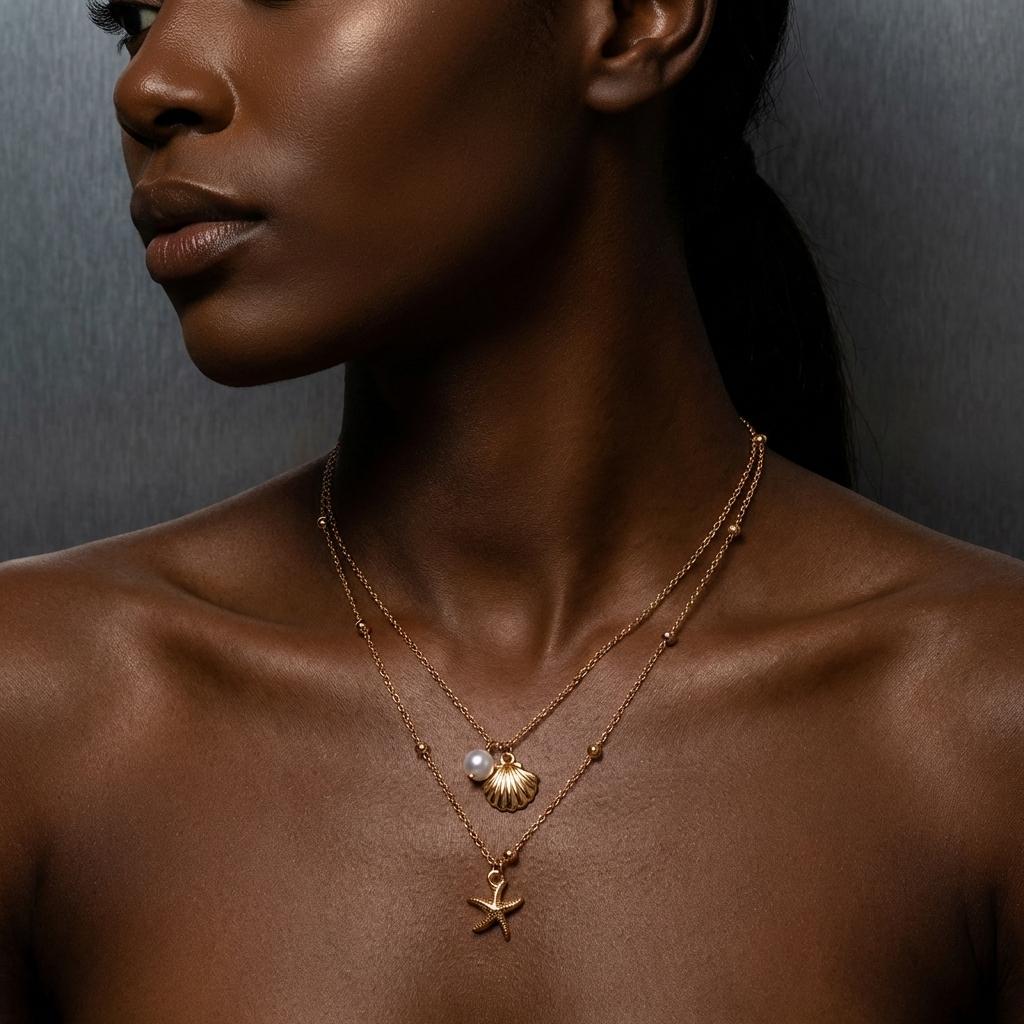 Minimalist Starfish Ball Chain Necklaces for Women Double Layer Metal Shell Sea Star Pendant Necklaces Holiday Party Jewelry