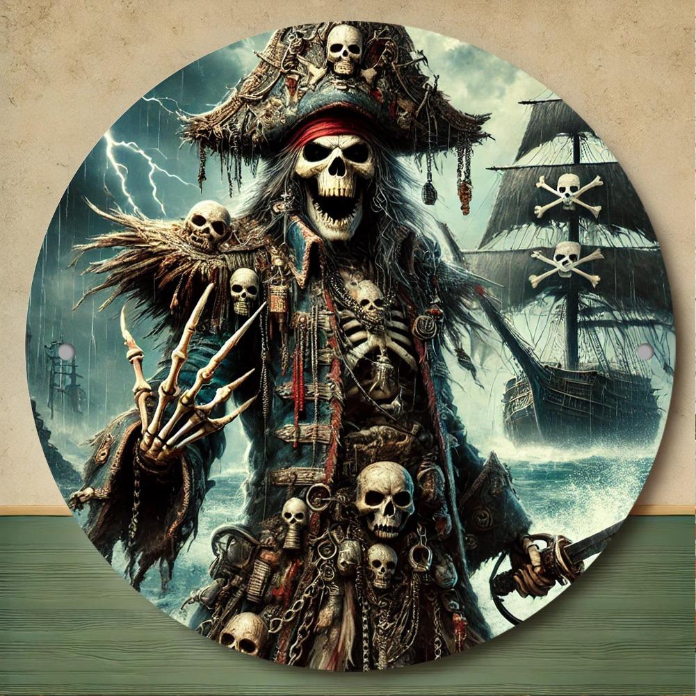 D Round Vintage Skeleton Pirate Aluminum Wall Art HD Print Metal Sign Waterproof Dustproof Perfect for Home Garden Cafer