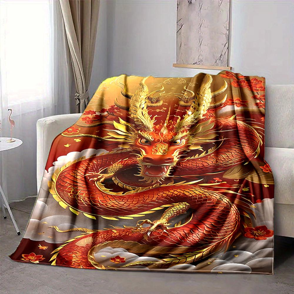 1Pc Golden Dragon Clouds Flannel Blanket, Soft And Comfortable, Casual Warm, Camping Travel, Christmas, Halloween Xmas Gift. G1284
