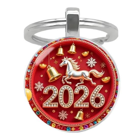 Брелок Год Лошади 2026 Дизайн Зодиака Компактный Брелок-Подвеска на Удачу с Колокольчиками Металлическая Рамка Праздничное Украшение