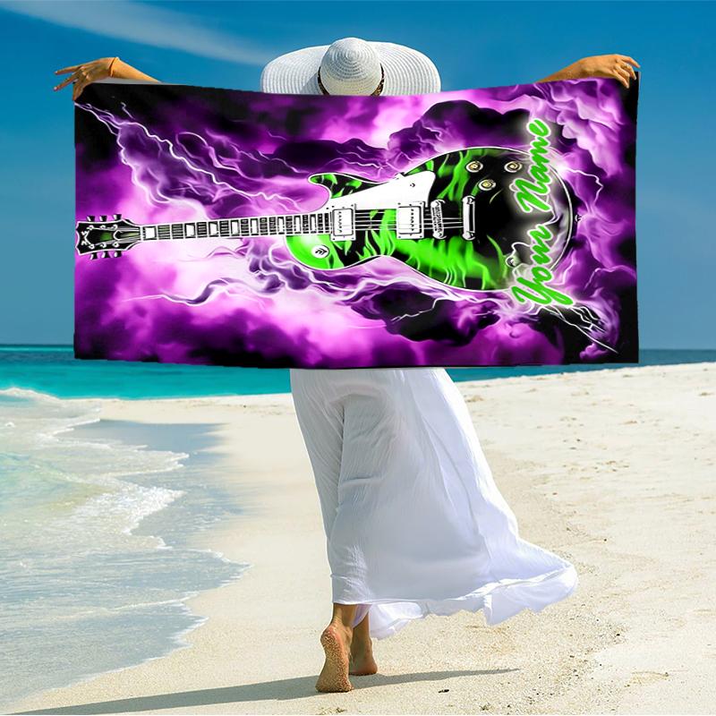 1PC Custom Name Electric Guitar Energy Beach Towel Highly Absorbent And Sand-Resistant Towel for Swimming, Pool, Yoga, And Travel Lightweight