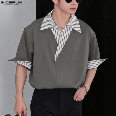 Летние мужские футболки с отложным воротником, коротким рукавом, в полоску, пэчворк, повседневные, свободные, топы