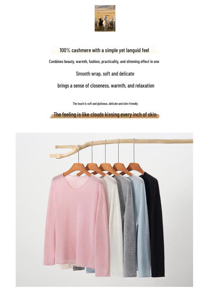 Early Autumn Lightweight Gold Thread Pure Cashmere Solid Round Neck Loose Pullover Sweater for Women