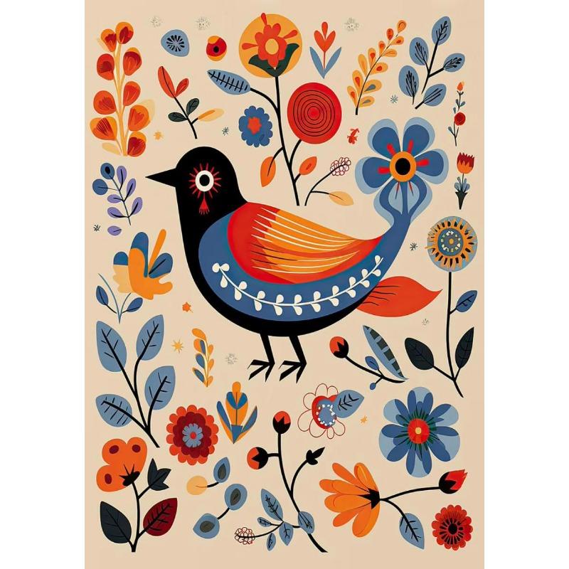 Норвежское народное искусство Цветочный постер с птицами Скандинавский принт Абстрактная картина на холсте Скандинавское настенное искусство Картина для гостиной Домашний декор