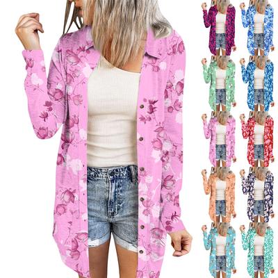 Женский повседневный модный кардиган-жакет средней длины с длинными рукавами и цветочным принтом
