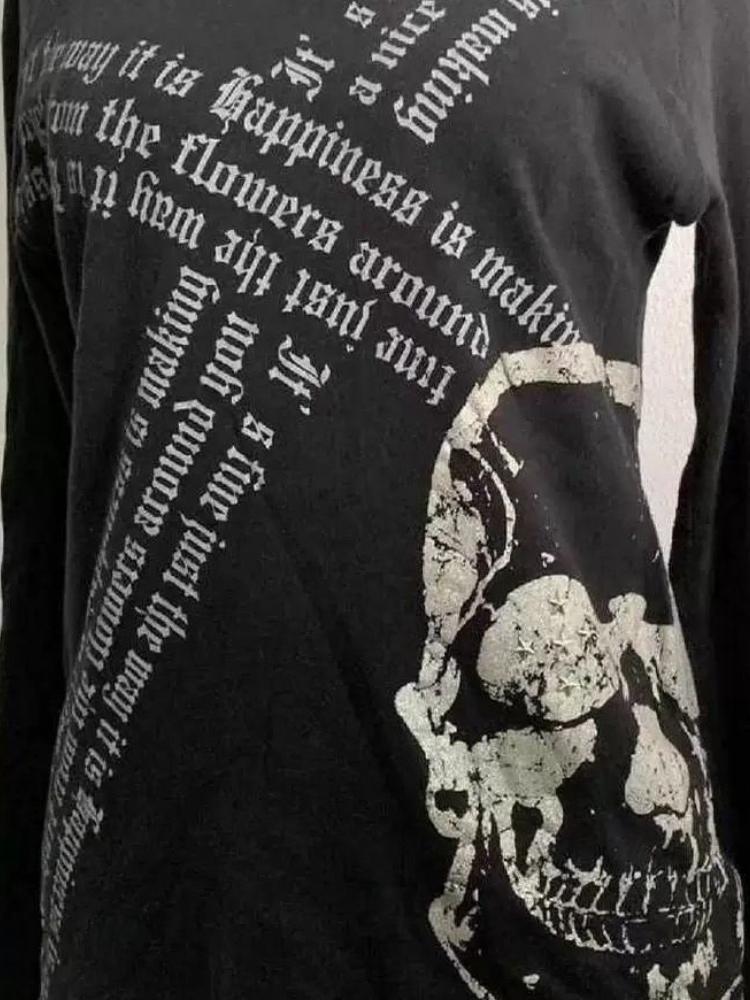 Dark Academia 2000s Retro Loose T-shirt Women Gothic Rock Punk Y2k Babes Tops High Street Skull Print Long Sleeve Casual Clothes