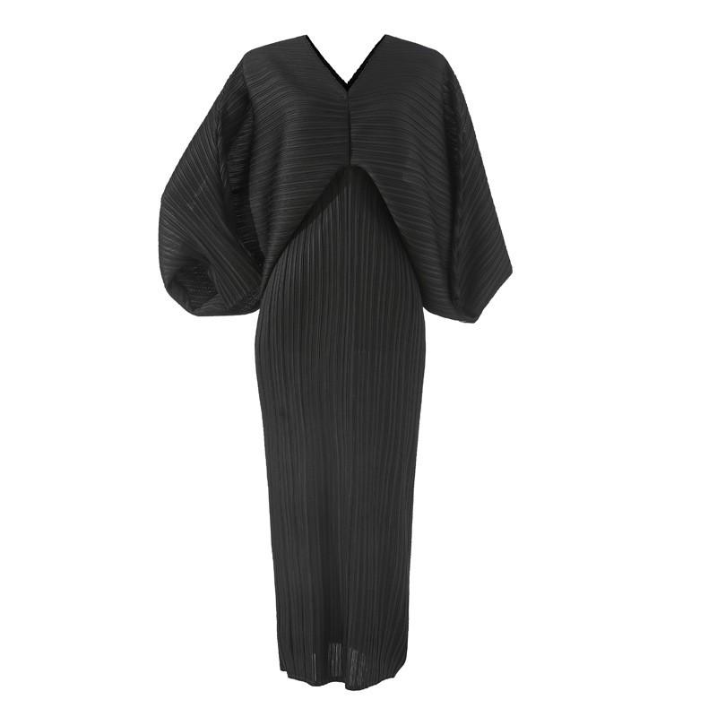 Elegant Pleated Midi Dress With Batwing Sleeves V-Neck Slim Fit Office Wear