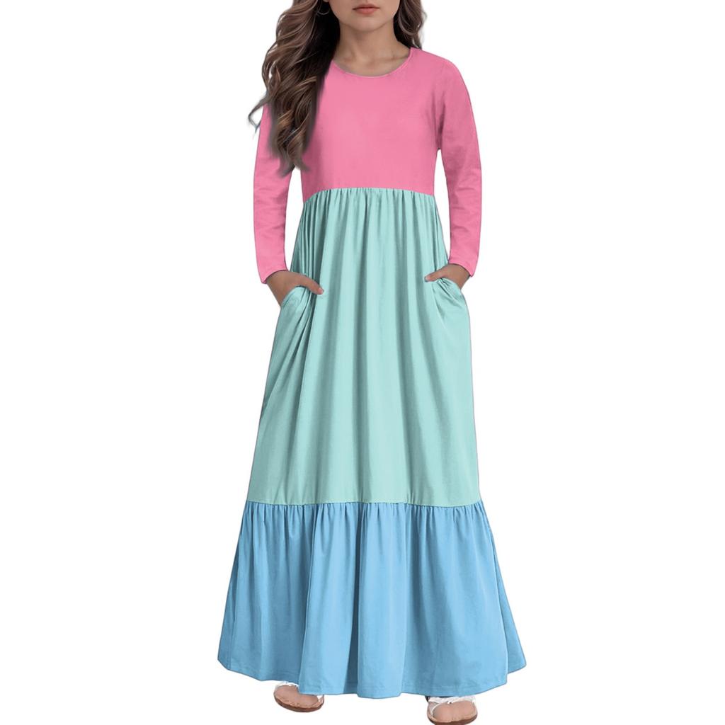 Girls' Maxi Dress Casual Holiday Dresses - Long Sleeve Dress With Pockets For 4-14Y