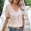 Summer Women's Sexy Solid Color Sequin V-neck Short Sleeved Loose Women's T-Shirts Women’s