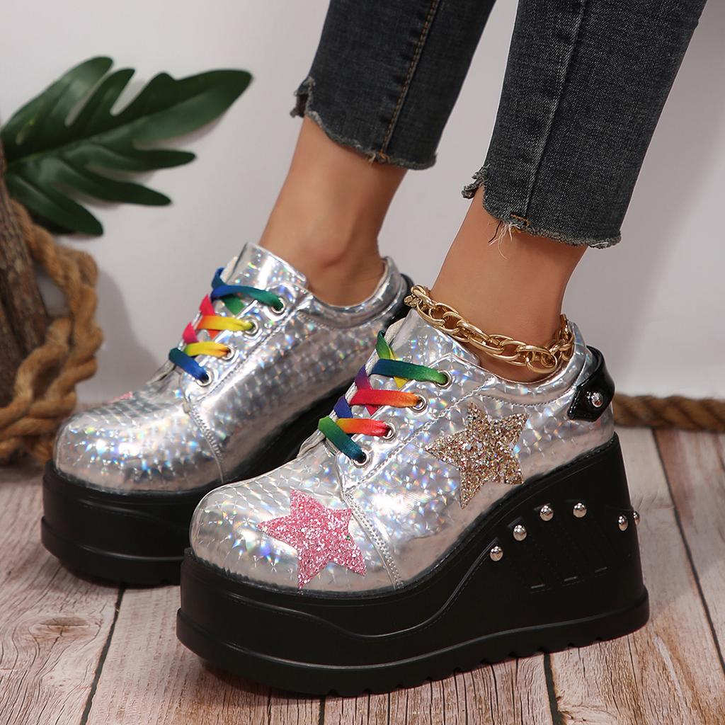 Fashion Silver Patent Leather Chunky Sneakers Women Gothic Thick Bottom Vulcanized Shoes Woman Punk Wedge Heeled Platform Combat Shoes