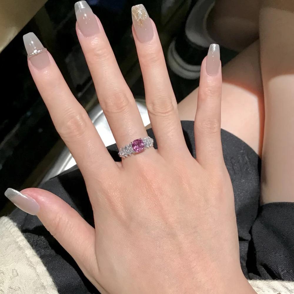 Luxury Princess Square Ring for Women Pink T Setting Cubic Zirconia Elegant Simple Engagement Jewelry