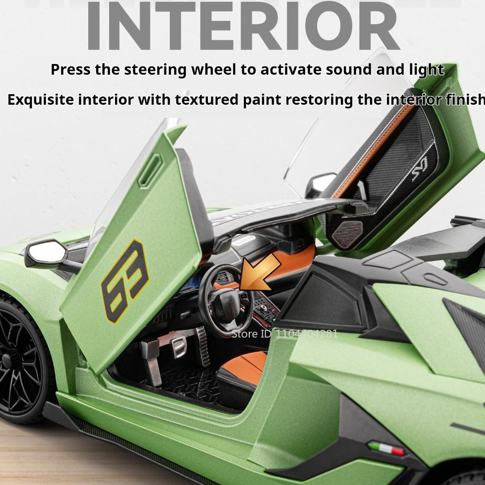 1:18 Lamborghini SVJ63 LP770 Металлические Модели Литые Автомобильные Игрушки Открывающиеся Двери Рулевое Управление Передними Колесами Звук Свет Оттянуть Назад Спортивный Автомобиль Украшение