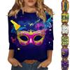Women's Fashion Winter Casual Round Neck Brushed  Stripe Carnival Print Three-quarter Sleeve T-shirt Women's Clothing