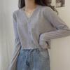 V-Neck Single Breasted Button Pullovers Sweaters Women Fall Spring Long Sleeve Short Small Fresh Outer Wear Knitted Cardigan Tops One Size Solid