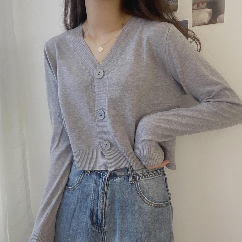 Однобортный пуловер с v-образным вырезом на пуговицах, свитера для женщин, осень-весна, короткий рукав с длинным рукавом, маленькая свежая верхняя одежда, вязаные топы-кардиганы, один размер, однотонный