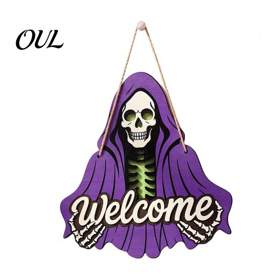 Halloween Home Accents Skeleton Welcome Sign, Spooky Wooden Grim Reaper Shaped Front Door Decoration Hanger, Horror Wall Hanging Plaque for