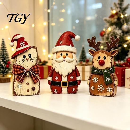 Vintage Farmhouse Fall Accents 3Pcs Rustic Wooden Halloween Cat Tabletop Decor, Black Figurine Tiered Tray Decorations with Witch Hat,